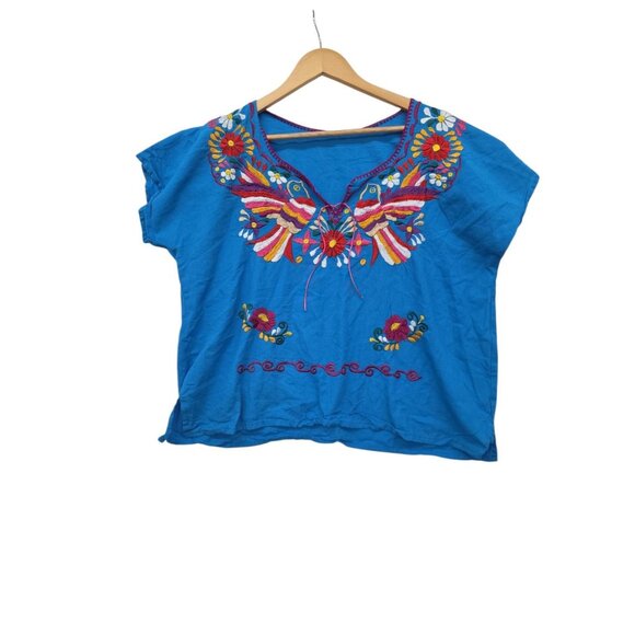 Mexican Bird embroidered handmade blouse Blue Flowers Frida Khalo Style LG - Picture 1 of 7